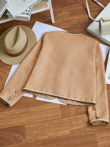 Franclia Women's Khaki Tweed Patchwork Lined Short Jacket, Commuting Chic, Autumn/Winter - Orange - View 2