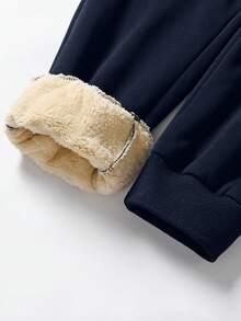 Manfinity Homme 男士纯色抽绳腰带保暖内衬运动裤，秋冬季 - 藏蓝色 - 查看 6