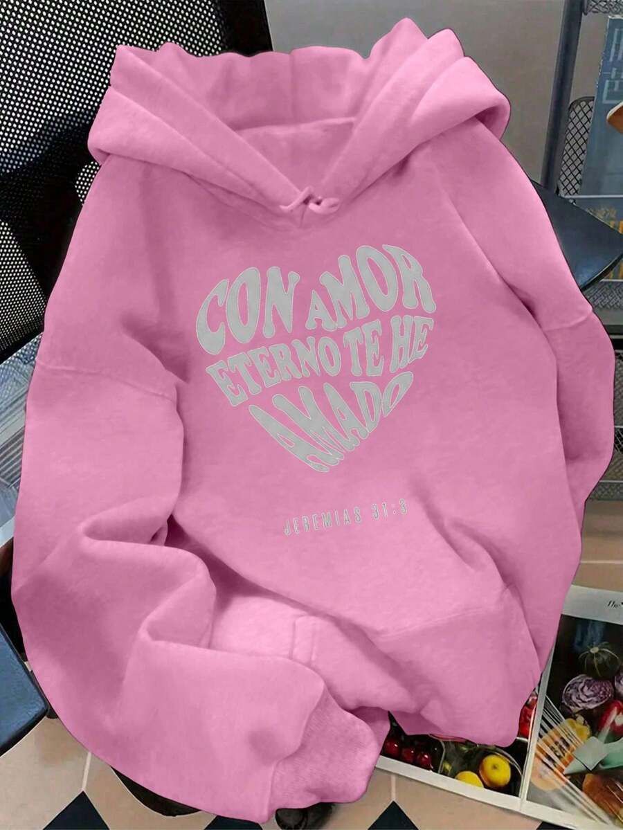 Hoodie mujer sudadera gorro capucha bolsillo canguro puños acanalados calientita cómoda diario estampado al frente mensaje de fe y esperanza versículo bíblico de amor - Rosa - Ver 1
