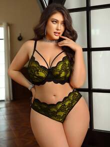 SHEIN 2件套加大码蕾丝拼接钢圈文胸套装 - 黃色 - 查看 4