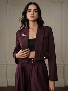 Aveloria Rosie French Elegant Commuter Style Encore Red Lapel Wide-Shoulder Square Blazer Suit, Featuring Loose And Versatile High-Waist Wide-Leg Pants With Intricate Craftsmanship And Contrasting Color Metal Buttons-Women's Tailored Blazer Two-Piece Set. - Burgundy - View 5