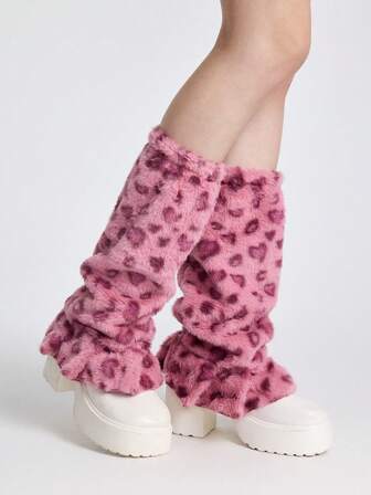 Grunge Punk 1 Paio di Caldi Gambali Larghi con Stampa Kawaii a Cuori e Leopardo su Sfondo Bianco