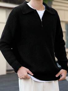 Claim Dot 加大码男士纯色半拉链休闲翻领针织长袖毛衣，适合外出穿着，男士黑色毛衣，男士针织衫，秋冬季 - 黑色 - 查看 3