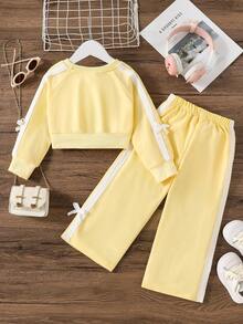 2pcs Baby Girls' Spring/Autumn Long Sleeve Sweatshirt And Pants Set With Bow Tie Knitted Fabric - Yellow - View 2