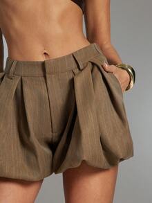 Denimoi Bubble Shape Striped Shorts Fashionable Shorts Bubble Shorts - Brown - View 2