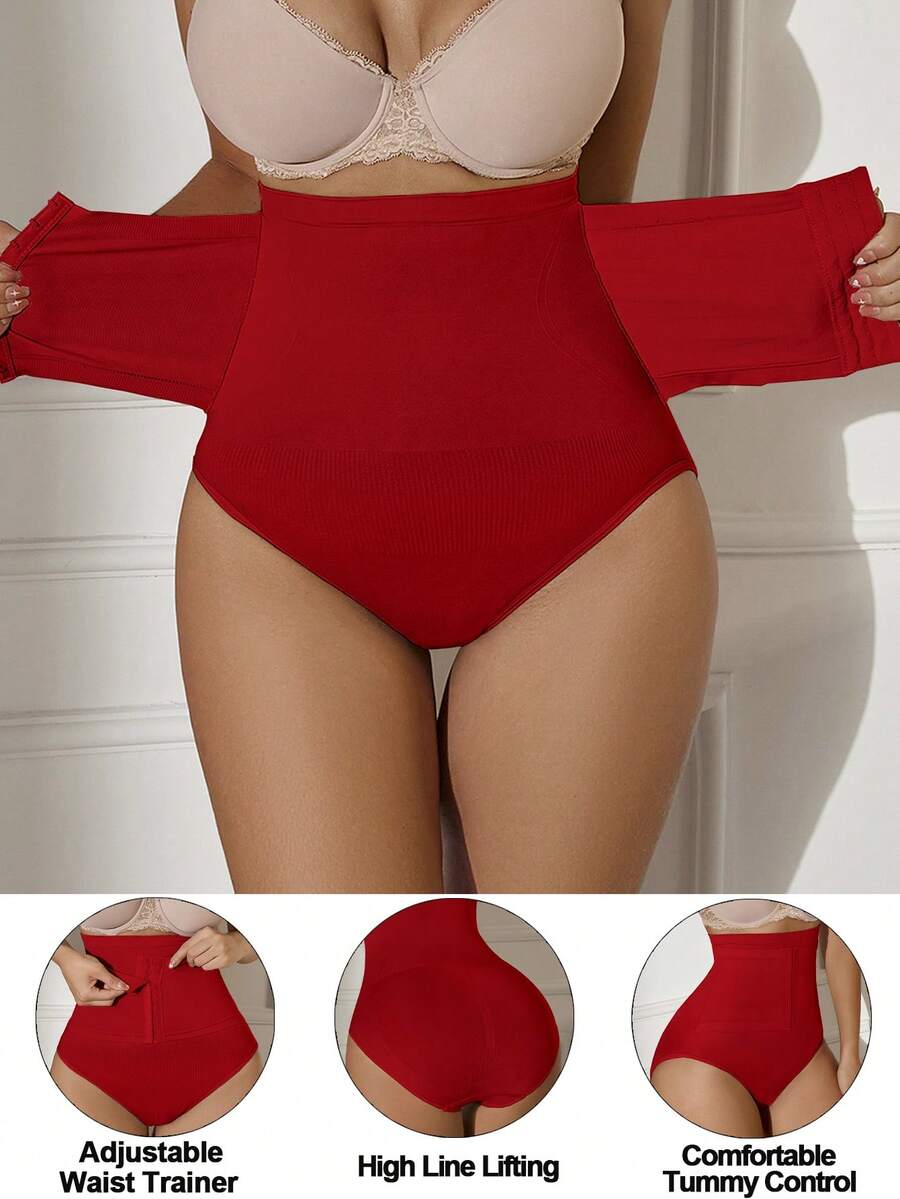 1件装无缝高腰收腹提臀塑形内裤，前开口钩扣 - 紅色 - 查看 1