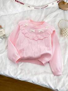 SHEIN Playful Pals 女童休闲可爱粉色蝴蝶结针织短毛衣，柔软舒适，适合日常、户外、旅行、度假、居家、幼儿园、秋冬季、圣诞节、返校、派对等场合，百搭实用。 - 粉色 - 查看 4