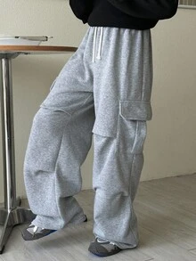 SHEIN 男童休闲运动百搭日常舒适宽松直筒裤，带口袋，适合外出、上学、聚会、秋冬季节、返校季等场合。 - 灰色 - 查看 6