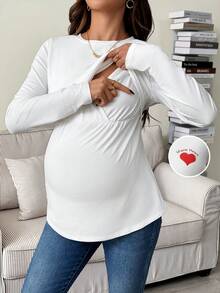 SHEIN 秋冬季女士爱心印花休闲哺乳圆领长袖上衣外出上衣哺乳孕妇装 - 白色 - 查看 1