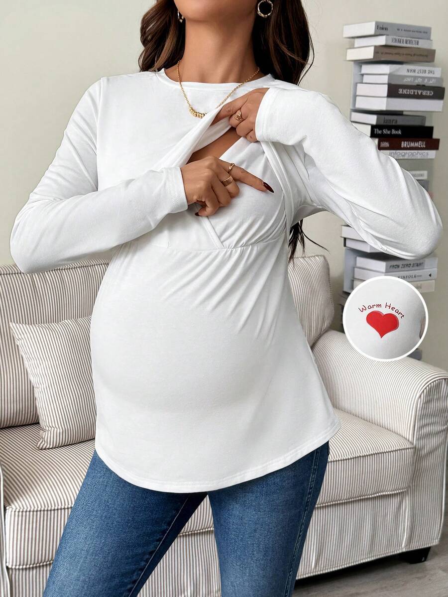 SHEIN 秋冬季女士爱心印花休闲哺乳圆领长袖上衣外出上衣哺乳孕妇装 - 白色 - 查看 1