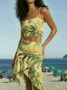 CAJUNI Women's Tropical Print Cropped Camisole And Ruched Waist Asymmetric Hem Skirt Set, Beach Skirt Set, Vacation Outfits Woman Skirt Set, Tropical Two Piece Set, Summer Skirt And Top Set, Beach Two Piece Set, Vacation Outfits Woman 2 Piece, Summer Two Piece Set Vacation - Yellow - View 1