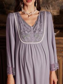 PalaceNights Vintage Palace Style Embroidered Lace Patchwork V-Neck Half-Button Super Loose Maternity Nightgown, Winter - Purple - View 6