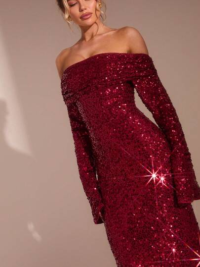 Glamine Vestido elegante de manga larga con hombros descubiertos, ajustado y con lentejuelas de unicolor para mujer