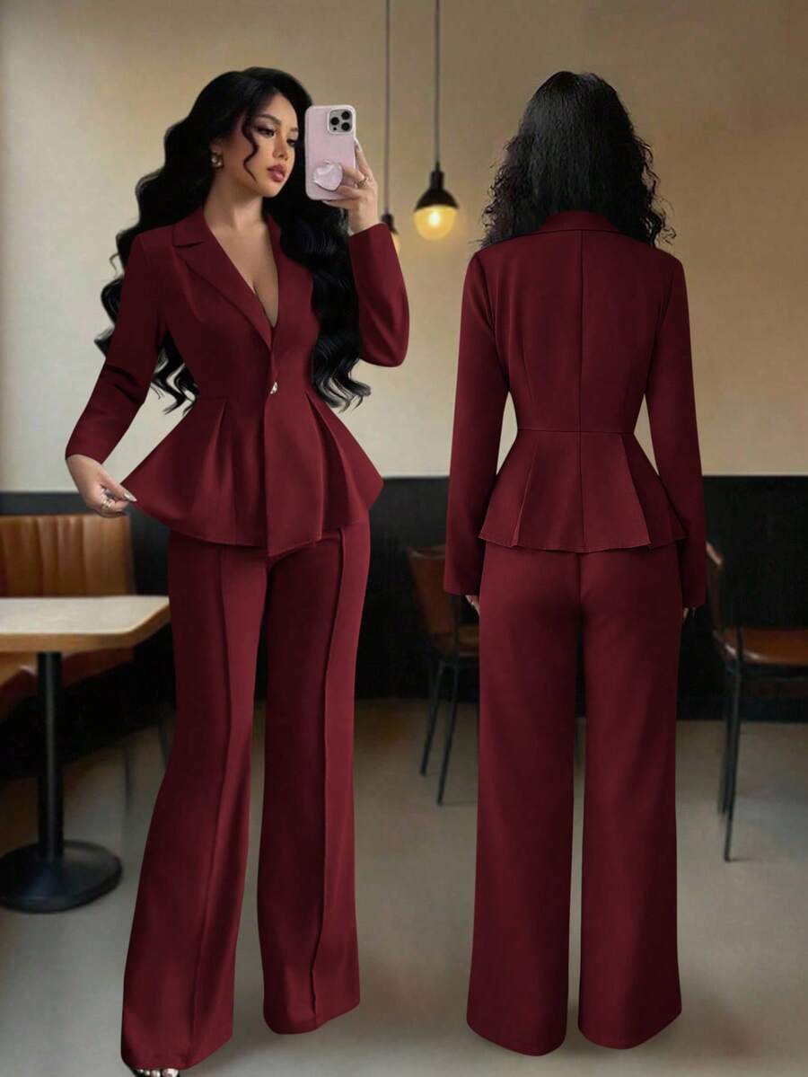 Elenzga Elegant Waist Cinched Suit, Fashionable Commuter Flared Slim Pants, Holiday/Date Outfit, Independence Day, Women's Teacher Attire - Burgundy - View 1