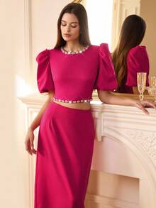 Revavyn 2pcs/Set Autumn British Style Fringe Beaded Collar Puff Sleeve Cropped Top + Skirt For Women - Hot Pink - View 4