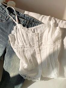 Comfortcana Women Solid Color Lace Splicing Button Design Summer Camisole Top - White - View 4