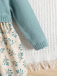 年轻女孩柔软舒适的针织毛衣裙，休闲领口拼接设计，适合日常穿着、外出、旅行、度假、居家、日托和儿童玩耍 - 綠色 - 查看 6