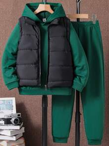 SHEIN Vacaura Tween Boy 1pc Zipper Front Vest Padded Coat & 1pc Hoodie & 1pc Sweatpants For Christmas - Multicolor - View 6