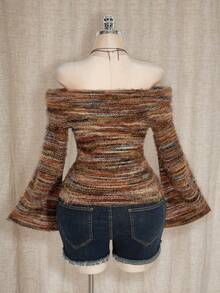 SHEIN ICON Plus Size Colorful Asymmetric-Shoulder Knit Top, Autumn/Winter Knit Sweater - Brown - View 2