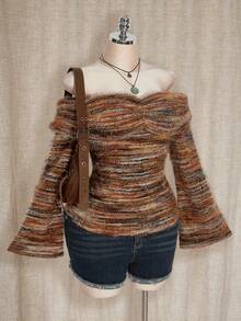 SHEIN ICON Plus Size Colorful Asymmetric-Shoulder Knit Top, Autumn/Winter Knit Sweater - Brown - View 5