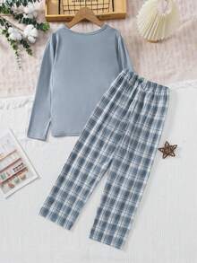 2pcs/Set Boys' Casual Solid Gray Round Neck Long Sleeve Top & Classic Plaid Pants Pajama Set - Dusty Blue - View 2
