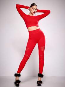 Menodora SHEIN Sport Women's Hollow Out Solid Color Long Sleeve Top And High Waist Skinny Pants Activewear Set Red Workout Set - Red - View 3