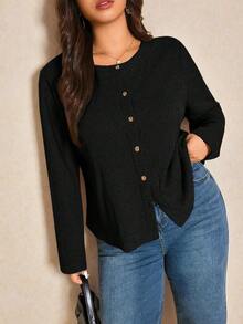 Elaquor Plus Size Women Casual Solid Color Ribbed Button T-Shirt/Winter Button Up Top