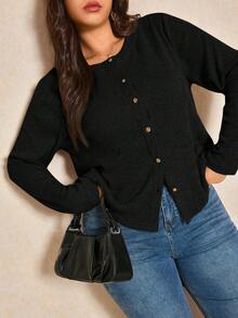 Elaquor Plus Size Women Casual Solid Color Ribbed Button T-Shirt/Winter Button Up Top