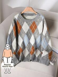 CosyJoli Plus Size Women Argyle Pattern Crew Neck Long Sleeve Casual Loose Knit Sweater, Autumn/Winter - Multicolor - View 1
