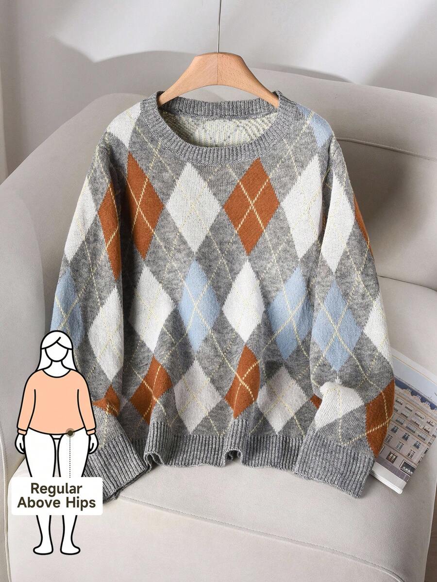 CosyJoli Plus Size Women Argyle Pattern Crew Neck Long Sleeve Casual Loose Knit Sweater, Autumn/Winter - Multicolor - View 1