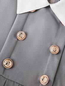 SHEIN Elladie kids 少女藏蓝色翻领双排扣褶裥下摆长袖两用连衣裙，适合休闲、优雅、通勤、校园等场合。 - 灰色 - 查看 8