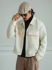 HUEFORM 男士杏色提花纹理面料宽松短款拉链口袋休闲衬衫，冬季款 - 杏色 - 查看 4