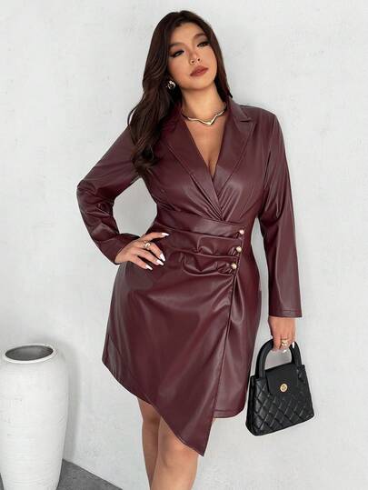 Firerie Plus Size Solid Color Wrap Ruched Long Sleeve Dress Faux Leather Dress Leather Dress For Women Blazer Dress Plus Size