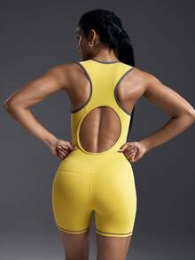 Powerista Reflective Contrast Zipper Fitted Sleeveless Jumpsuit - Mustard Yellow - View 3