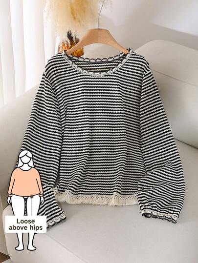 CosyJoli 大码女式圆领条纹 T 恤，流苏下摆设计，休闲百搭百搭 T 恤