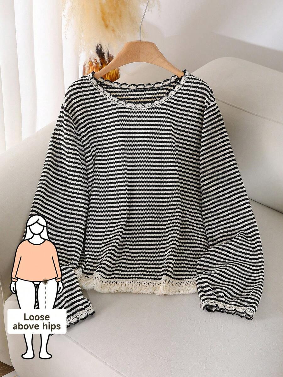 CosyJoli Gestreiftes Oversize-Damen-T-Shirt mit Rundhalsausschnitt und Quastenabschluss, lässiges, vielseitig kombinierbares Shirt