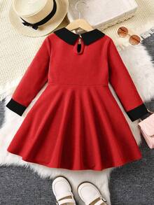 SHEIN 女童休闲黑色撞色领腰针织连衣裙 - 紅色 - 查看 2