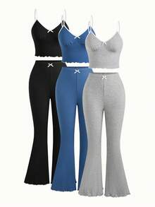 Bonmuse 3pcs/Set Women Solid Color Ruffle Trim Bow Camisole Top & Pants Pajama Setfor Summer - Multicolor - View 2