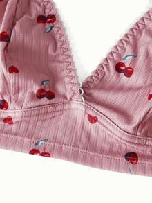 Bonmuse 3件套女士樱桃印花荷叶边内衣文胸和内裤套装 - 彩色 - 查看 9