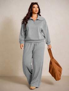 Elaquor Plus Size Solid Color Minimalist Long Sleeve Top And Pants 2 Pieces Set - Grey - View 2