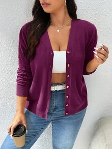 CosyJoli Cárdigan informal de manga larga con botones de unicolor para mujer de talla grande en otoño/invierno - Rojo violeta - Ver 10
