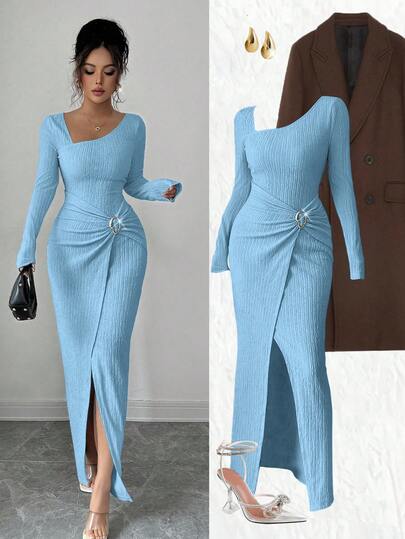 Elenzga Women's Solid Color Fashion Solid Color Twisted Long Dress ,Irregular-Neck Knitted Texture Tight Bodycon, Twisted And Slit Design Dress,Classy Outfits For Women,Fall Women Clothes,Winter Modest Clothes For Women