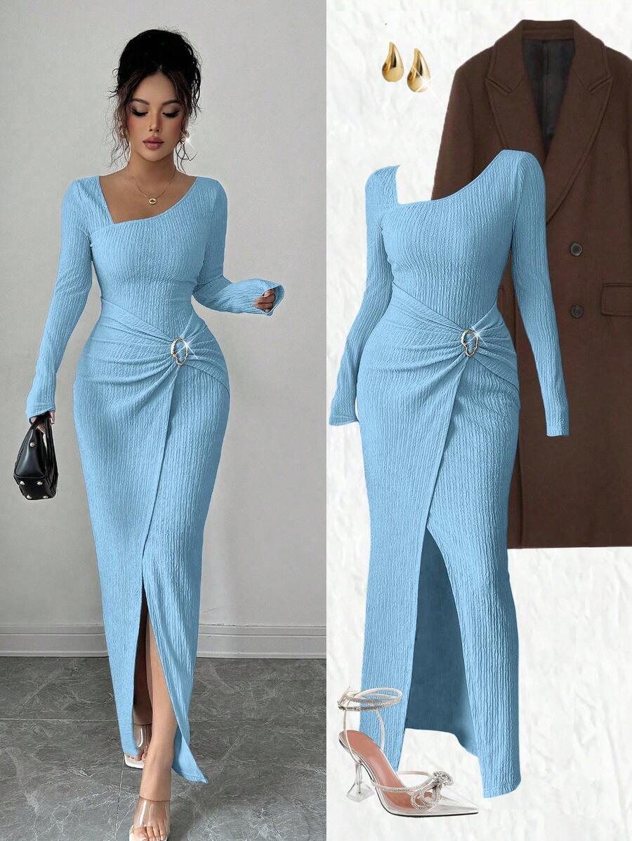 Elenzga Women's Solid Color Fashion Solid Color Twisted Long Dress ,Irregular-Neck Knitted Texture Tight Bodycon, Twisted And Slit Design Dress,Classy Outfits For Women,Fall Women Clothes,Winter Modest Clothes For Women - Blue - View 1