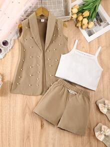 SHEIN Elladie kids 3件套少女粉色西装外套、吊带背心和珍珠短裤套装，休闲优雅夏季装扮 - 卡其色 - 查看 3