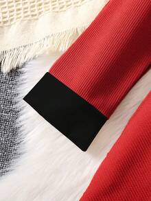 SHEIN 女童休闲黑色撞色领腰针织连衣裙 - 紅色 - 查看 4