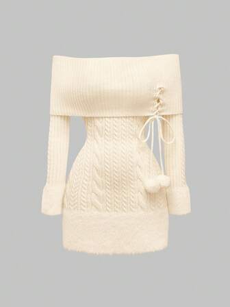 Kawaii Off-Shoulder Fellbommel-Anhänger verziertes flauschiges Patchwork Damen Partykleid, geeignet für Neujahr, Valentinstag