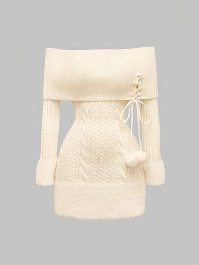 Kawaii Vestido de fiesta de mujer con decoración de pompón colgante, hombros descubiertos y parches de peluche, adecuado para Año Nuevo, Día de San Valentín