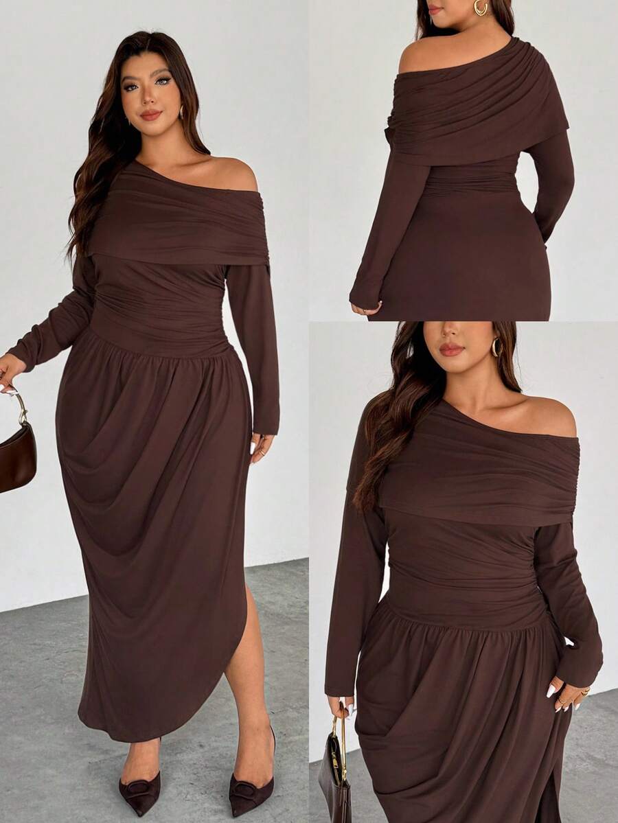 SHEIN Privé Plus Size Comfortable Casual Elegant Resort Chic Asymmetrical Hem Asymmetric Shoulder Ruched Waist Stretchy Long Sleeve Dress For Women, Autumn/Winter Brown - Brown - View 1