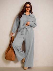 Elaquor Plus Size Solid Color Minimalist Long Sleeve Top And Pants 2 Pieces Set - Grey - View 1
