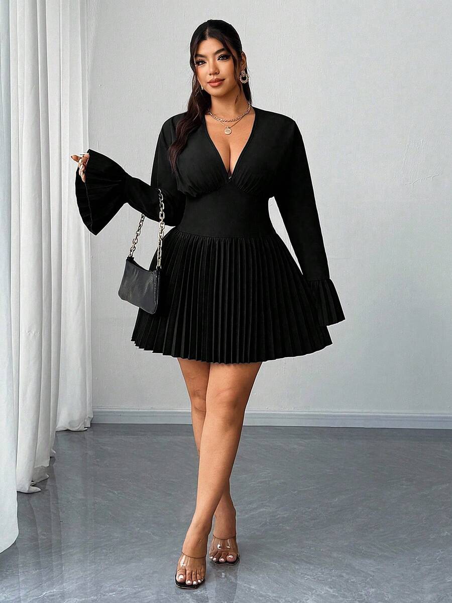 Elenzga Plus-Size Women's Deep V-Neck Skirt With Gathered Cuffs New Year Dress - Black - View 1